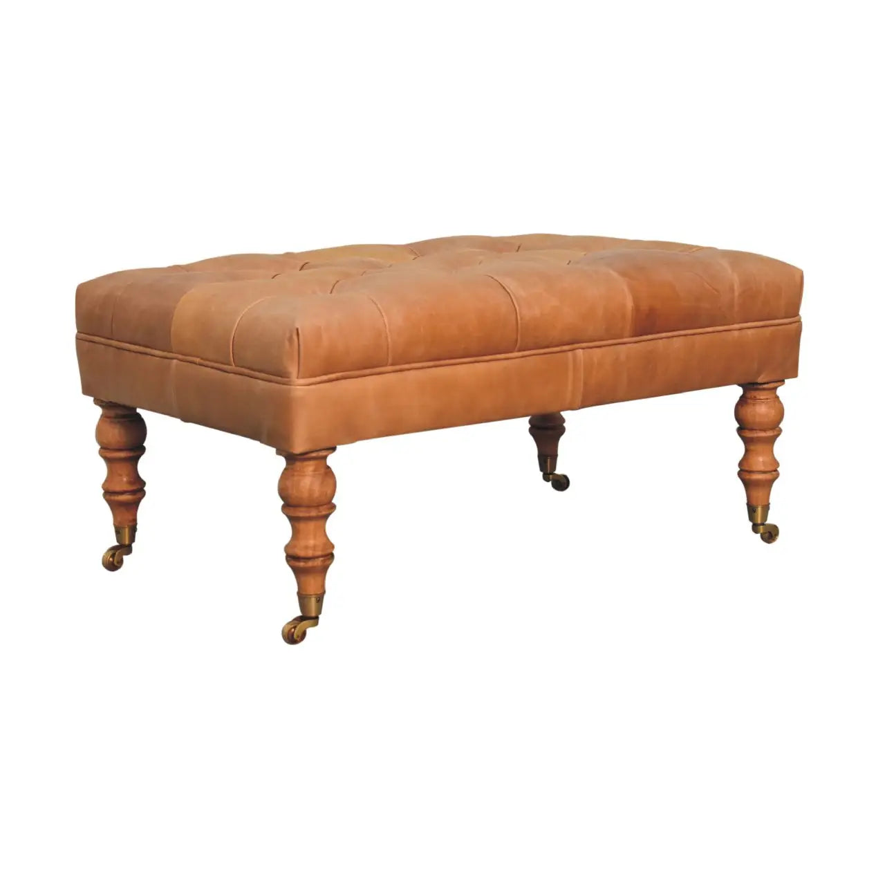 Image of handcrafted leather ottomans. Built with solid frames and premium leather accents, perfect as footresst,seat or accent decor