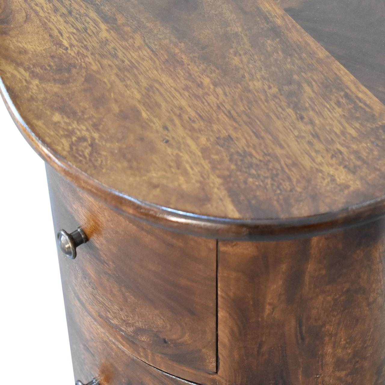 Round 3 Drawer Chestnut Drum Chest made from solid mango wood with shiny knobs on drawers. Top wood view
