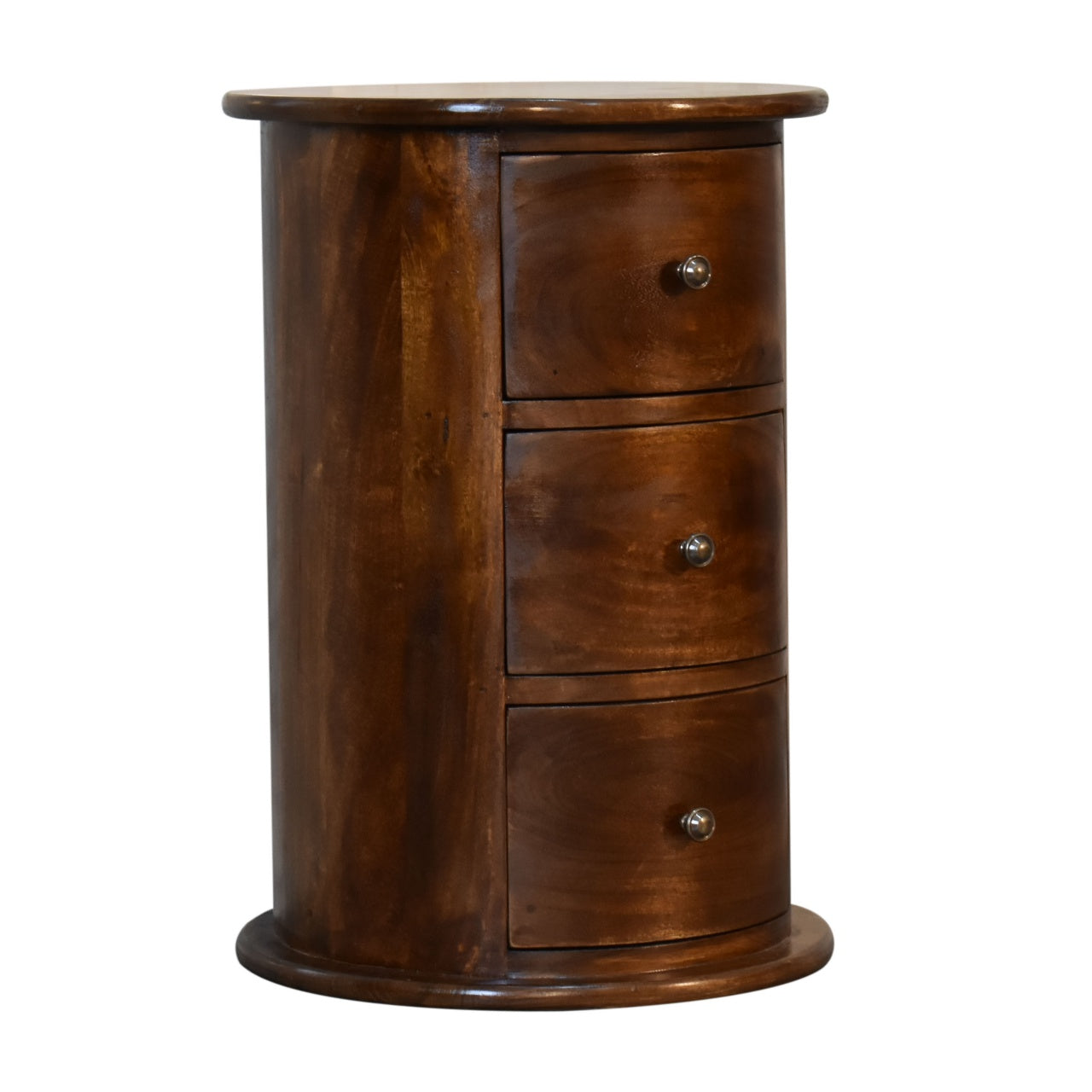 Round 3 Drawer Chestnut Drum Chest made from solid mango wood with shiny knobs on drawers. Corner view