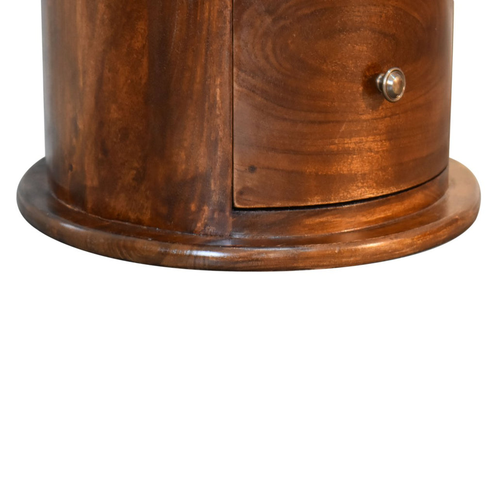 Round 3 Drawer Chestnut Drum Chest made from solid mango wood with shiny knobs on drawers. Base view