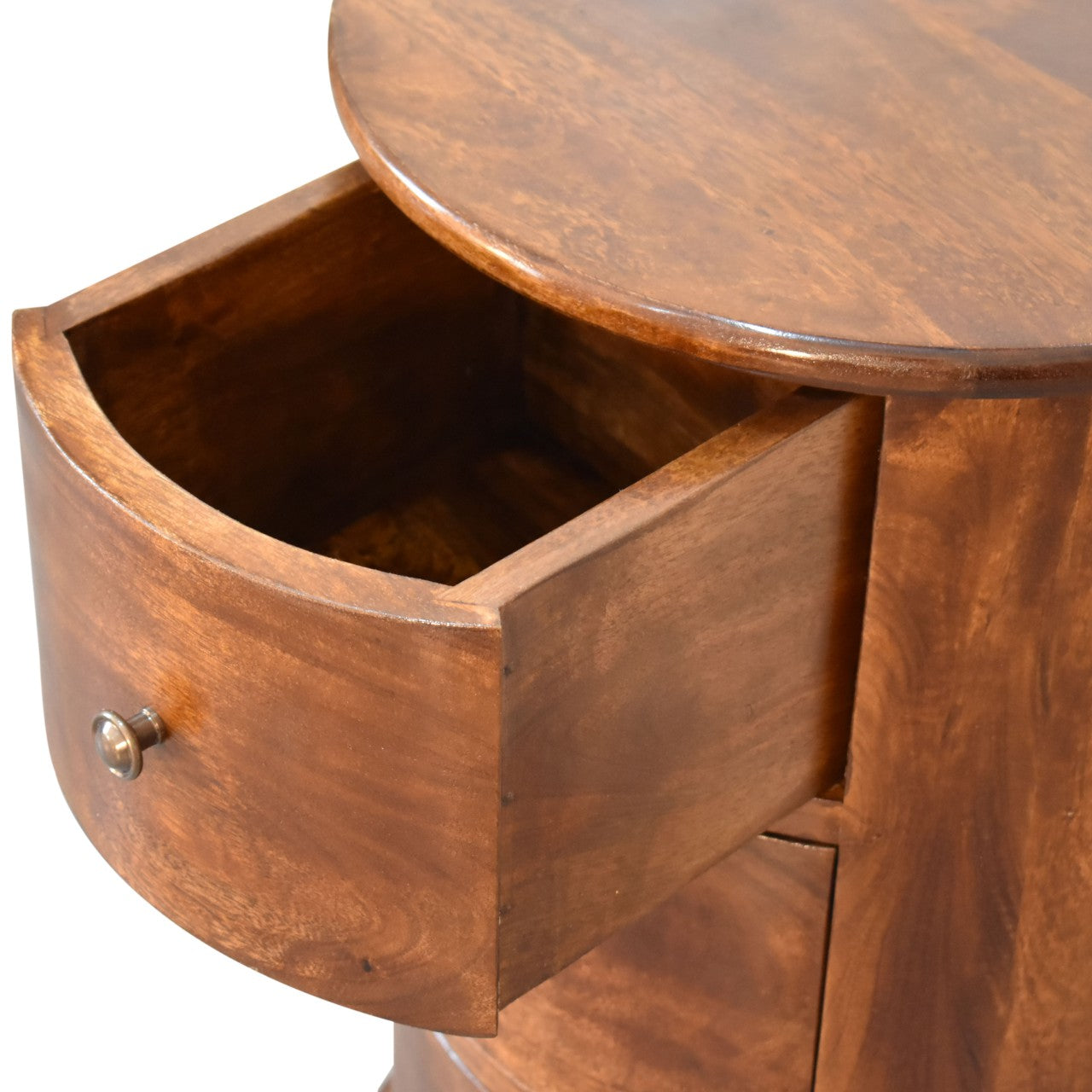 Round 3 Drawer Chestnut Drum Chest made from solid mango wood with shiny knobs on drawers. Opened drawer view