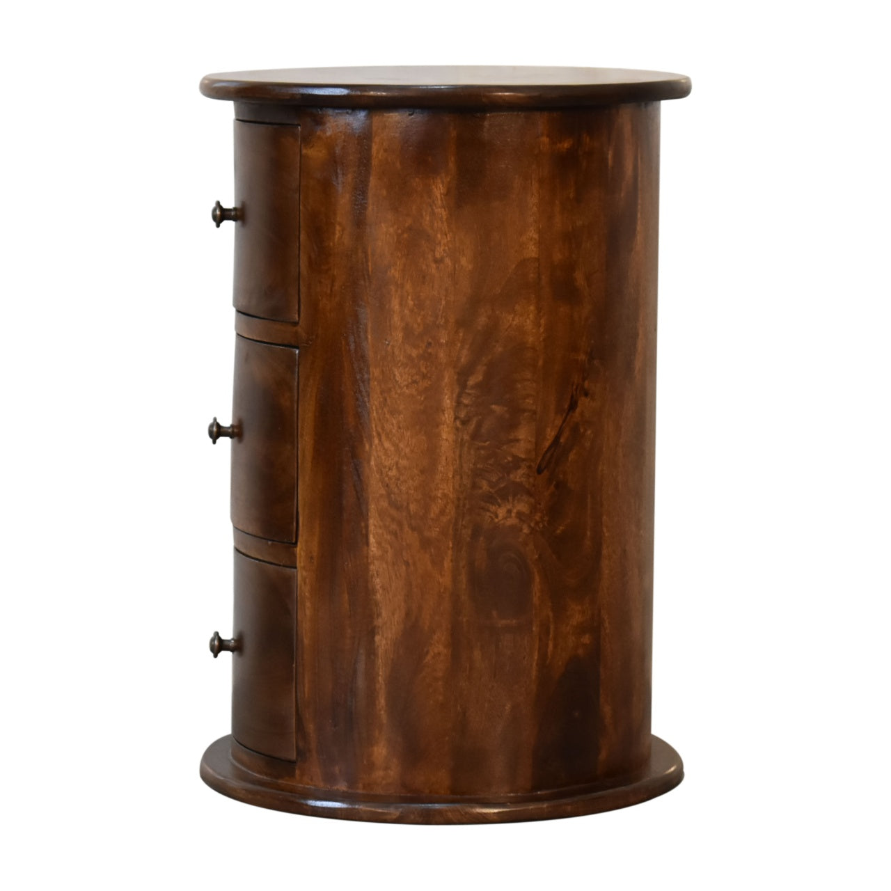 Round 3 Drawer Chestnut Drum Chest made from solid mango wood with shiny knobs on drawers. Side view