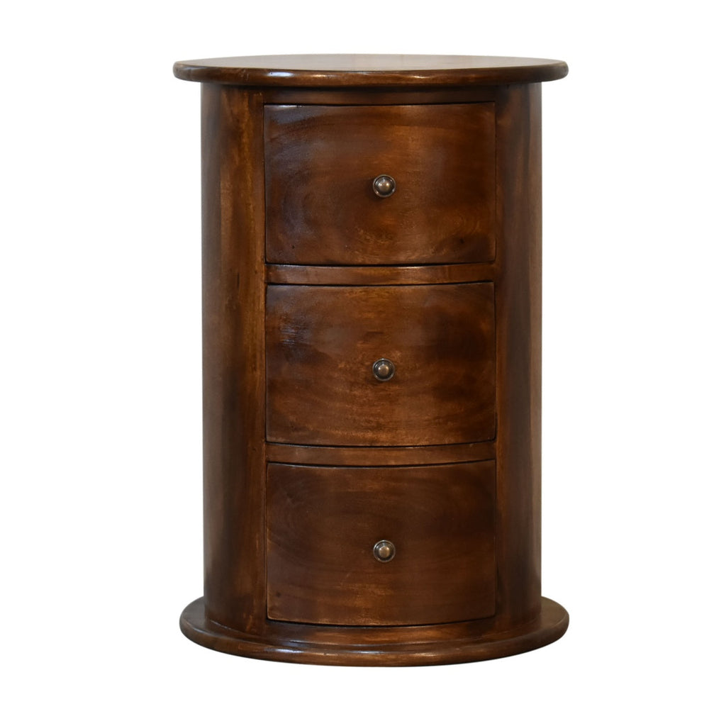 Round 3 Drawer Chestnut Drum Chest made from solid mango wood with shiny knobs on drawers