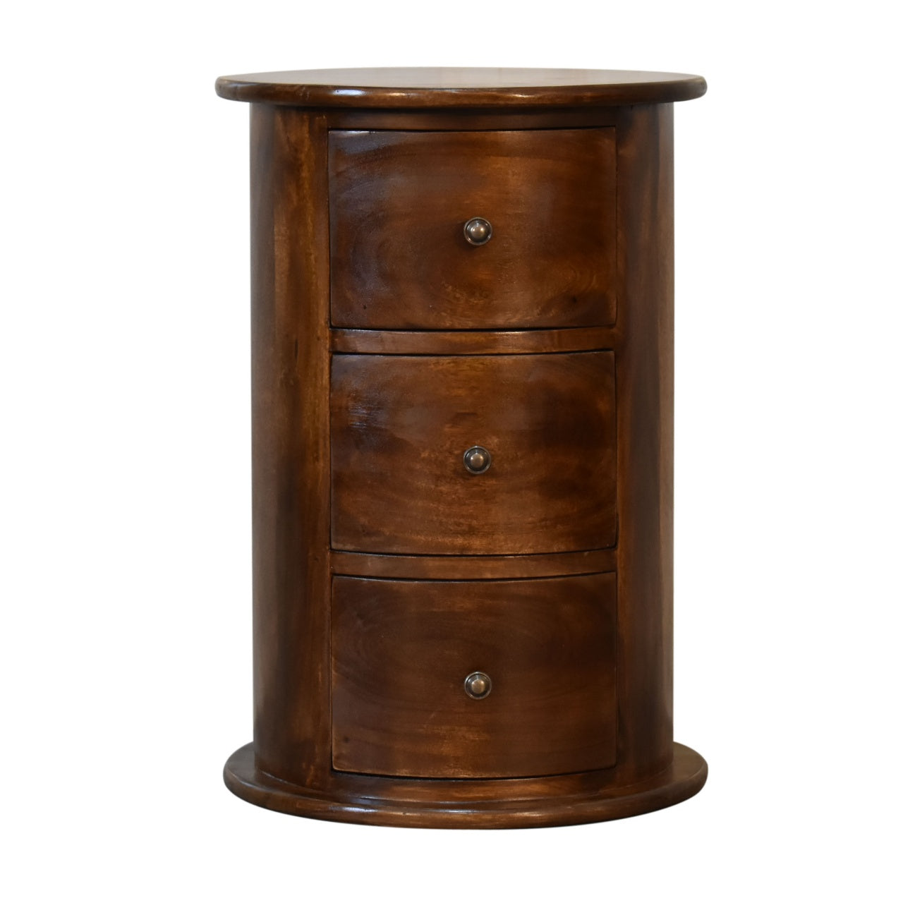 Round 3 Drawer Chestnut Drum Chest made from solid mango wood with shiny knobs on drawers