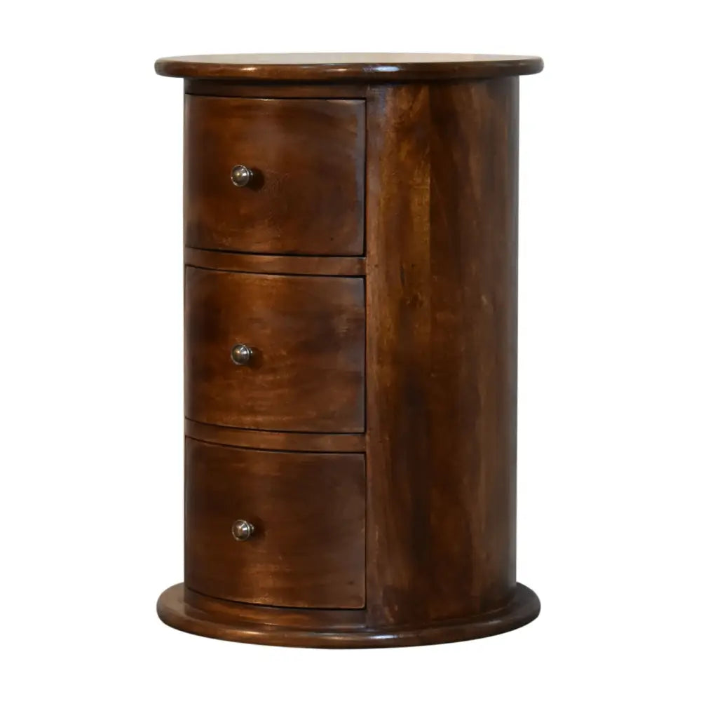 Round 3 Drawer Chestnut Drum Chest made from solid mango wood with shiny knobs on drawers. Corner view