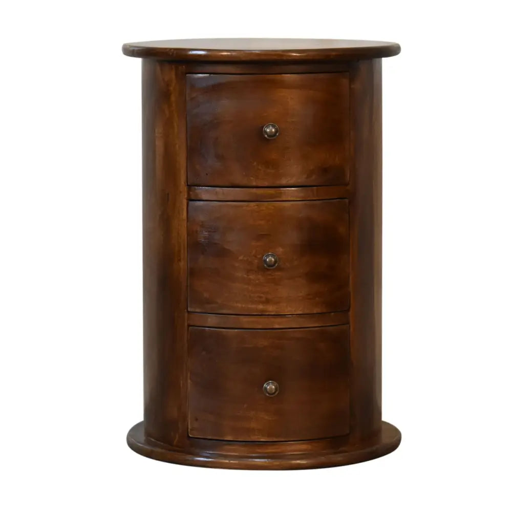 Round 3 Drawer Chestnut Drum Chest made from solid mango wood with shiny knobs on drawers