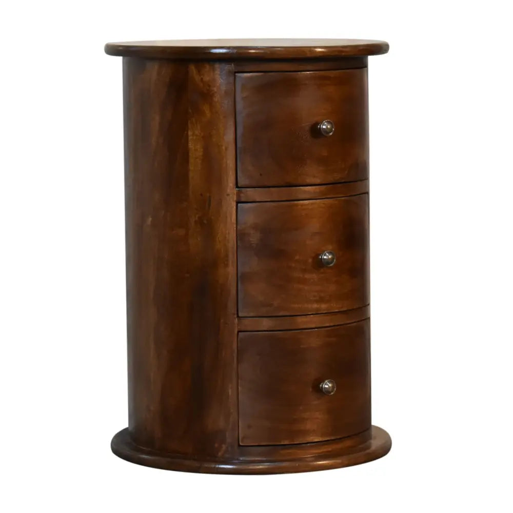 Round 3 Drawer Chestnut Drum Chest made from solid mango wood with shiny knobs on drawers. Corner view