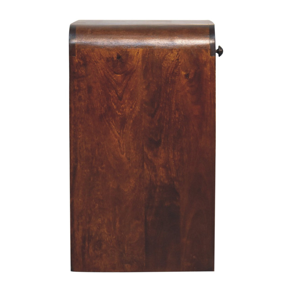Aspen Open Bedside Table made from solid mango wood with one drawer and two open slots. Side view