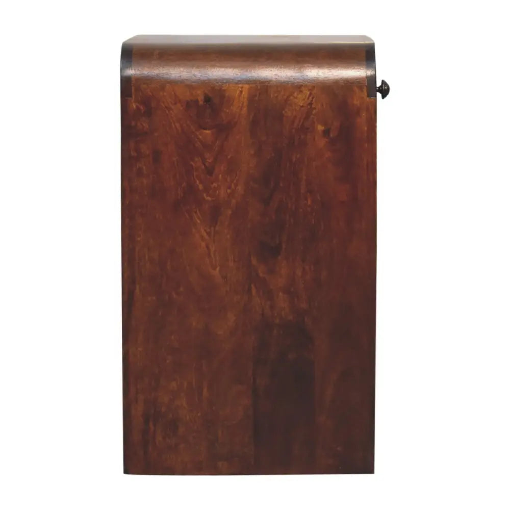 Aspen Open Bedside Table made from solid mango wood with one drawer and two open slots. Side view