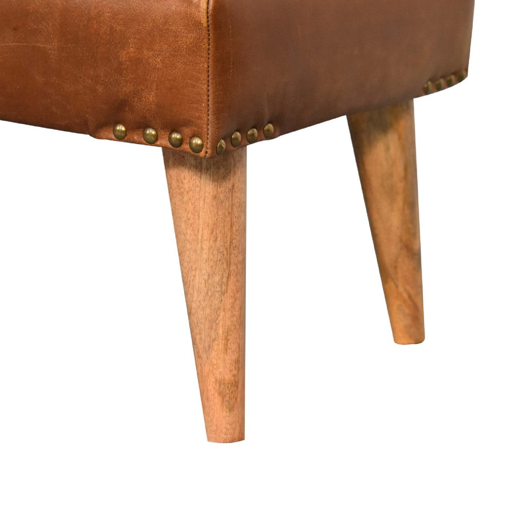 Modern boucle bench with white cushion and buffalo hide leather base – rustic accent seating for living room or entryway.