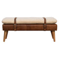 Modern boucle bench with white cushion and buffalo hide leather base – rustic accent seating for living room or entryway.