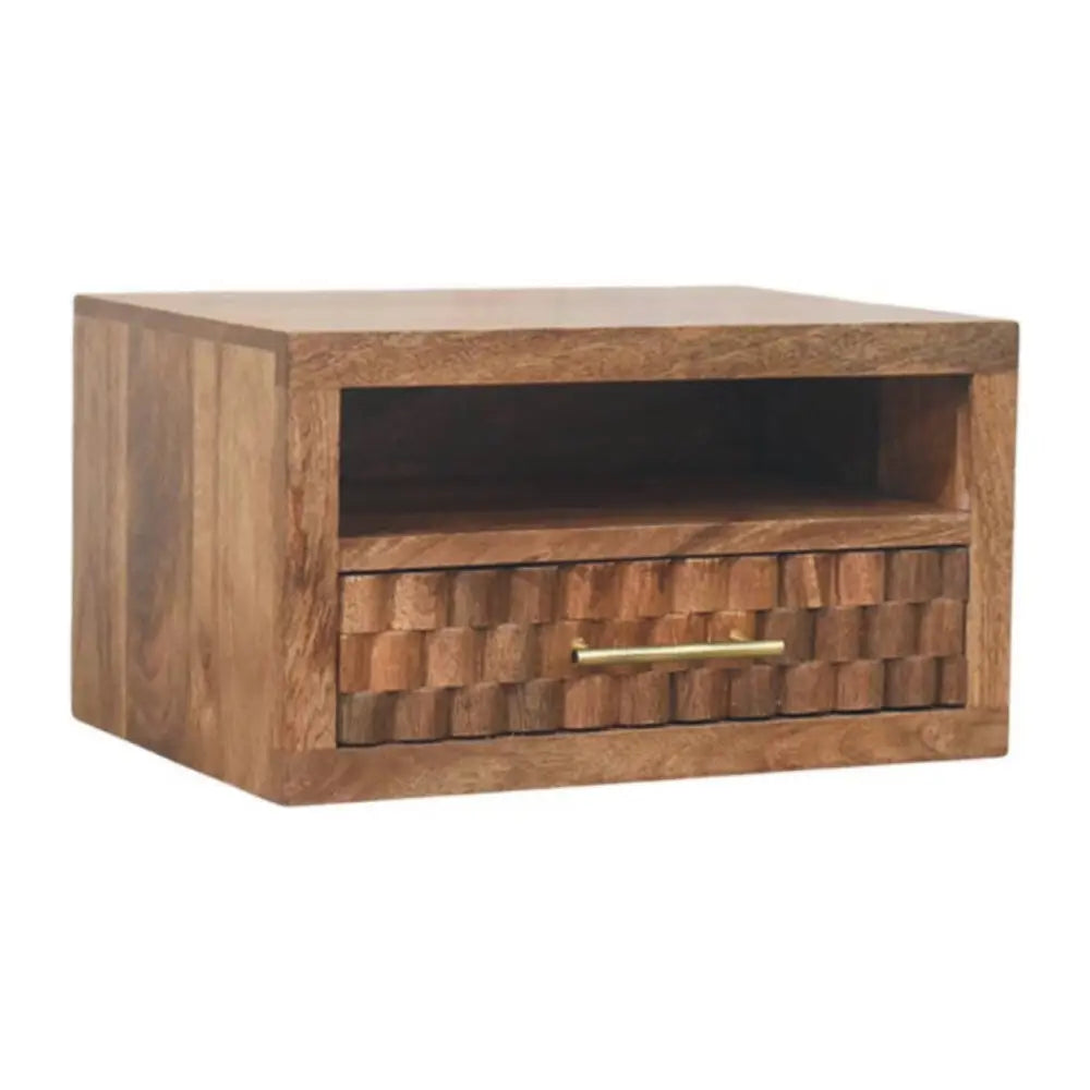 Wooden TV stand with woven design and gold handle on a white background