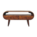 Chestnut Circular TV Stand made from solid mango wood with 2 drawers, open slot, and Nordic-style legs