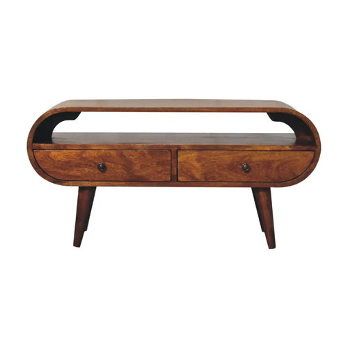 Chestnut Circular TV Stand made from solid mango wood with 2 drawers, open slot, and Nordic-style legs