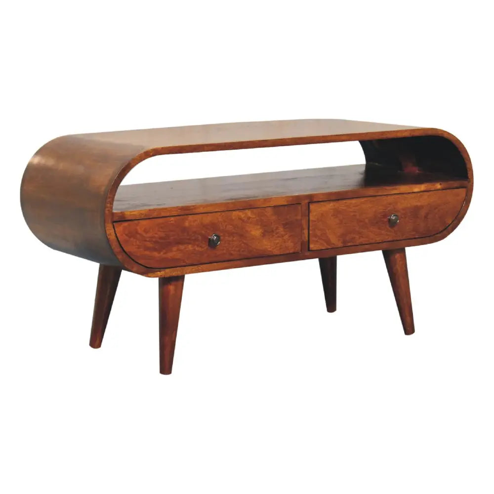 Chestnut Circular TV Stand made from solid mango wood with 2 drawers, open slot, and Nordic-style legs. Front view