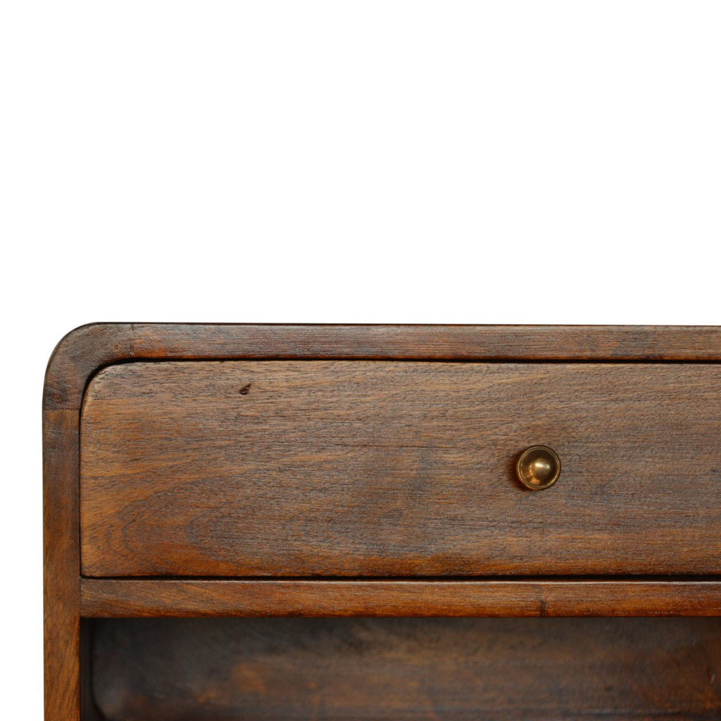 Floating chestnut nightstand with curved edges, wall-mounted modern design. Upfront corner view
