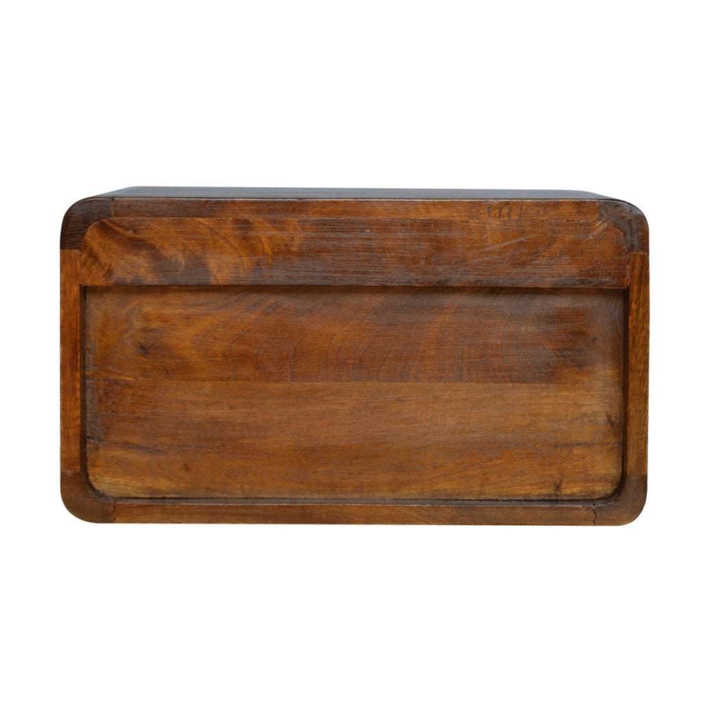 Floating chestnut nightstand with curved edges, wall-mounted modern design. bottom view