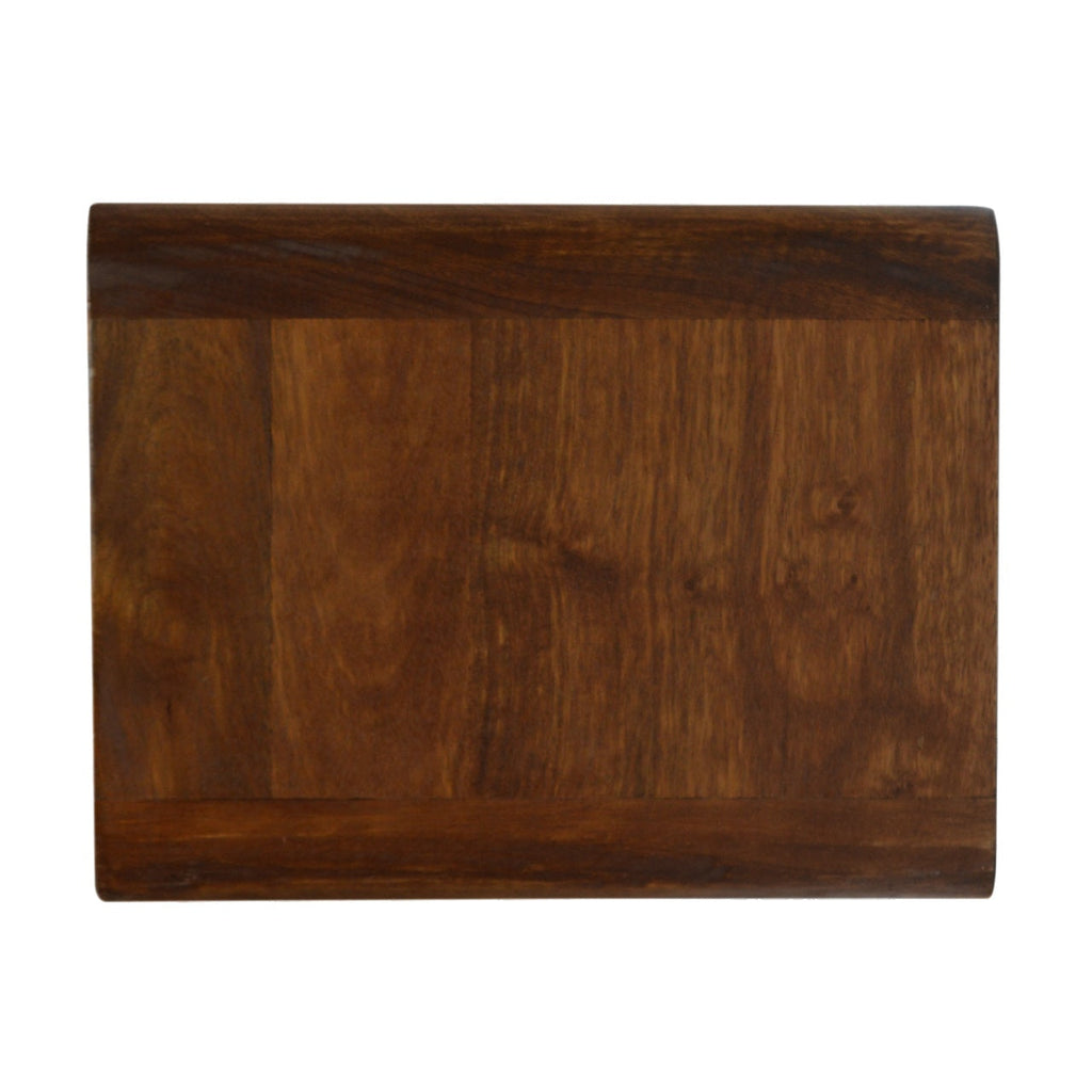 Floating chestnut nightstand with curved edges, wall-mounted modern design. Side view