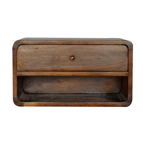 Floating chestnut nightstand with curved edges, wall-mounted modern design. GIF