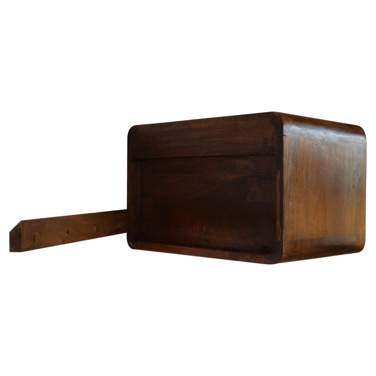 Floating chestnut nightstand with curved edges, wall-mounted modern design. Side view