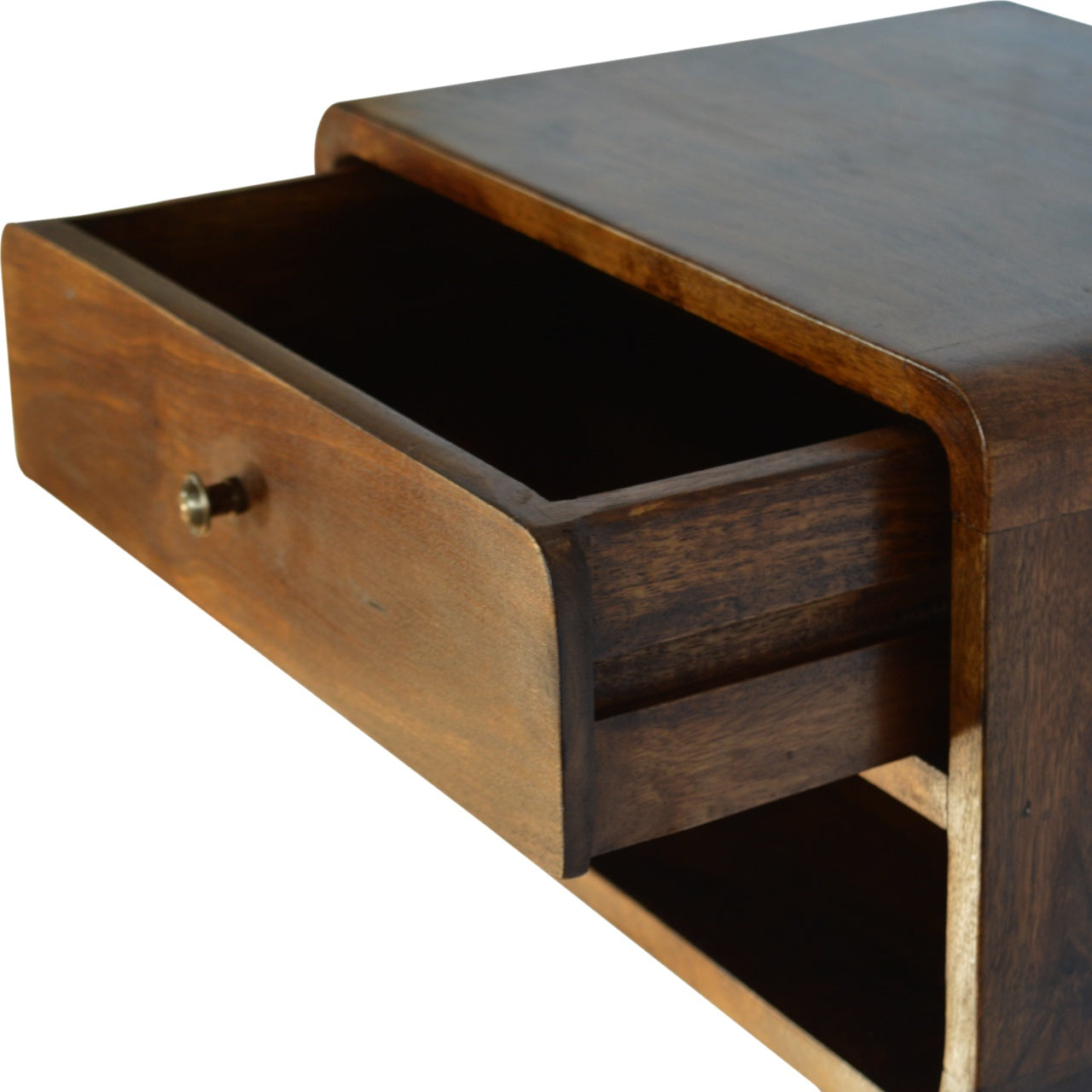 Floating chestnut nightstand with curved edges, wall-mounted modern design. opened drawer