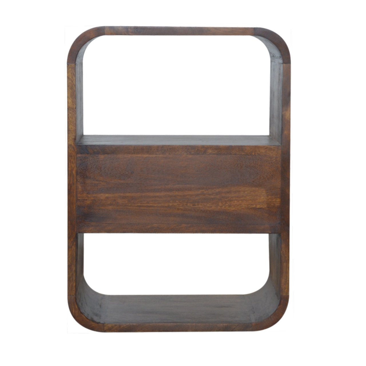 Chestnut Curved Edge Nightstand made from solid mango wood with drawer and two open storage slots. Back view