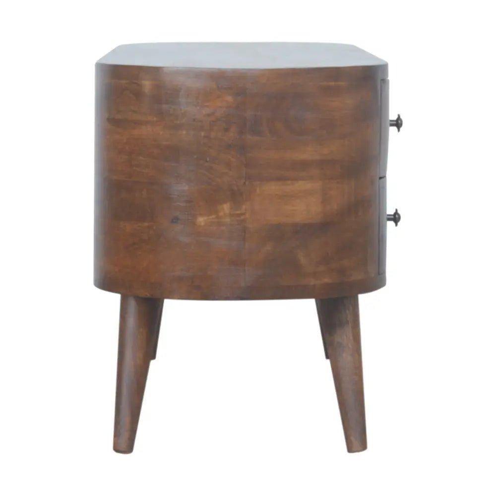 Chestnut Rounded Entertainment Unit made from solid mango wood with 4 drawers and Nordic-style legs. Side view