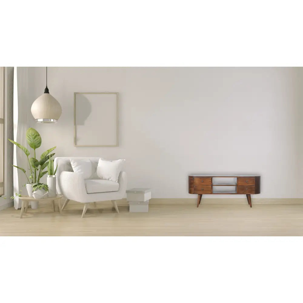 Chestnut Rounded Entertainment Unit made from solid mango wood with 4 drawers and Nordic-style legs. Unit positioned in a living room