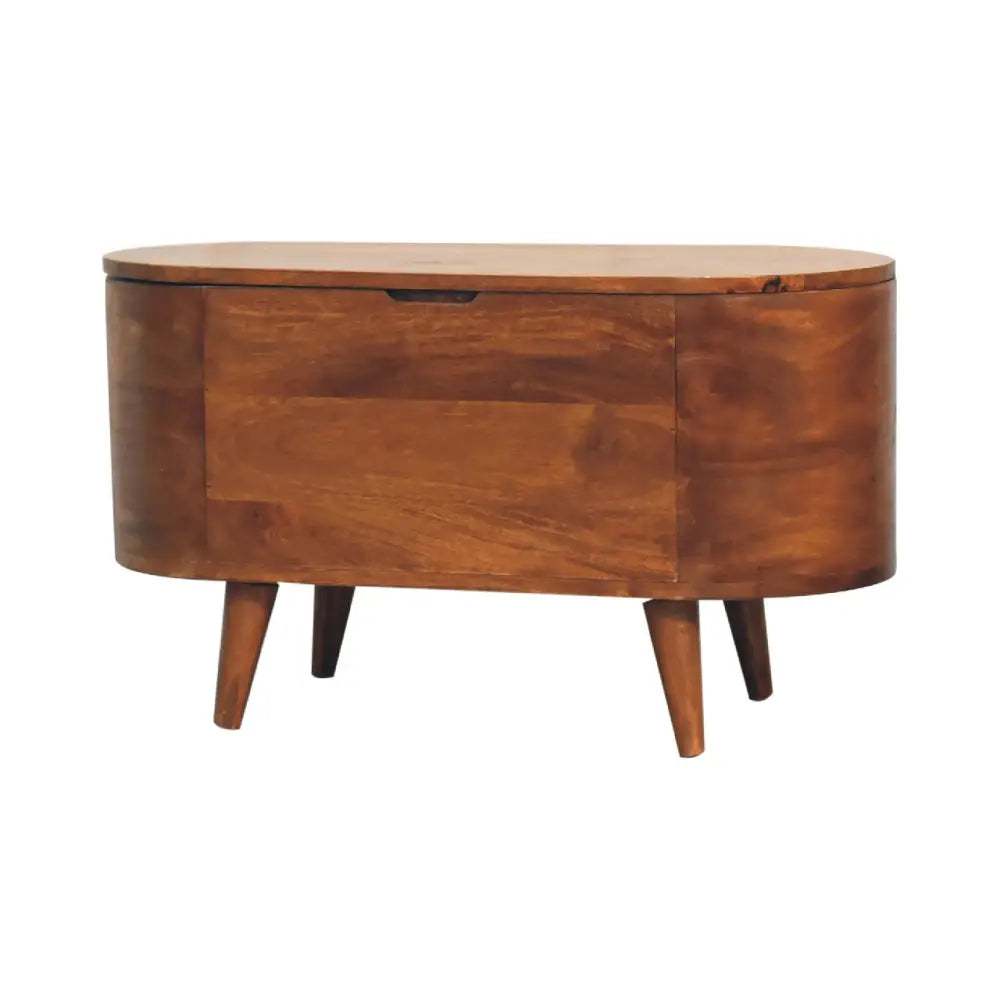 Chestnut Rounded Lid Up Blanket Box made from solid mango wood with hinged lid and rounded design. Back view
