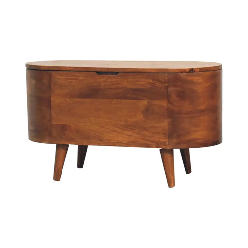 Chestnut Rounded Lid Up Blanket Box made from solid mango wood with hinged lid and rounded design. Back view