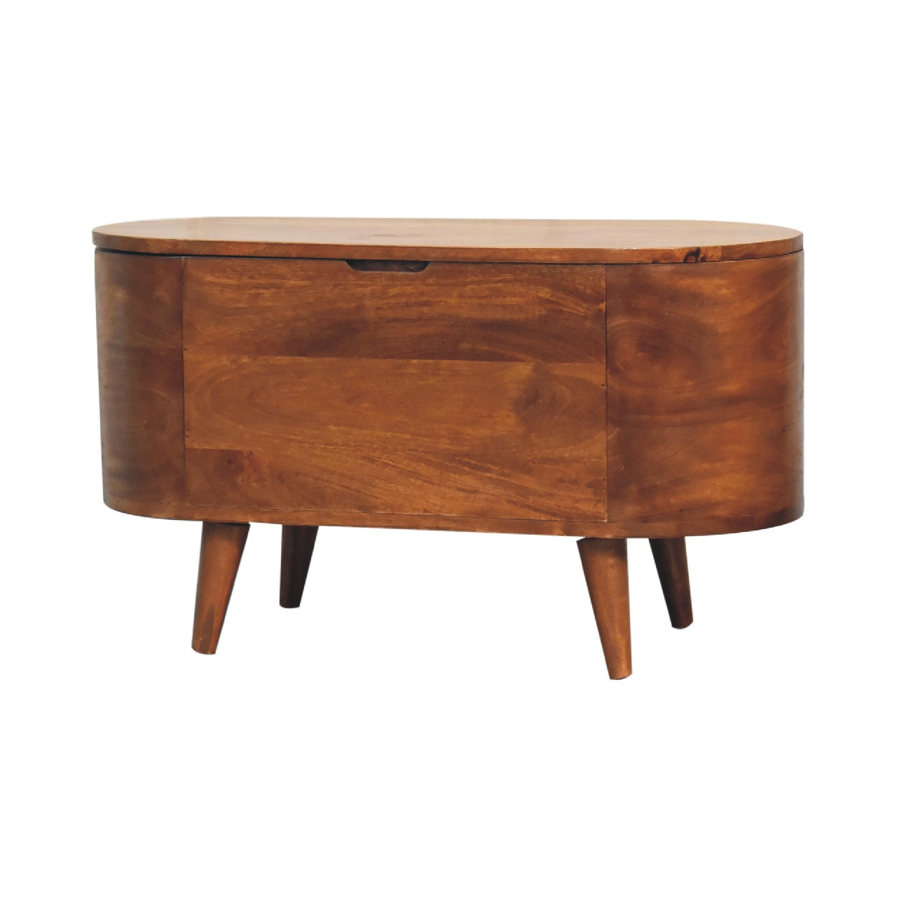 Chestnut Rounded Lid Up Blanket Box made from solid mango wood with hinged lid and rounded design. Back view