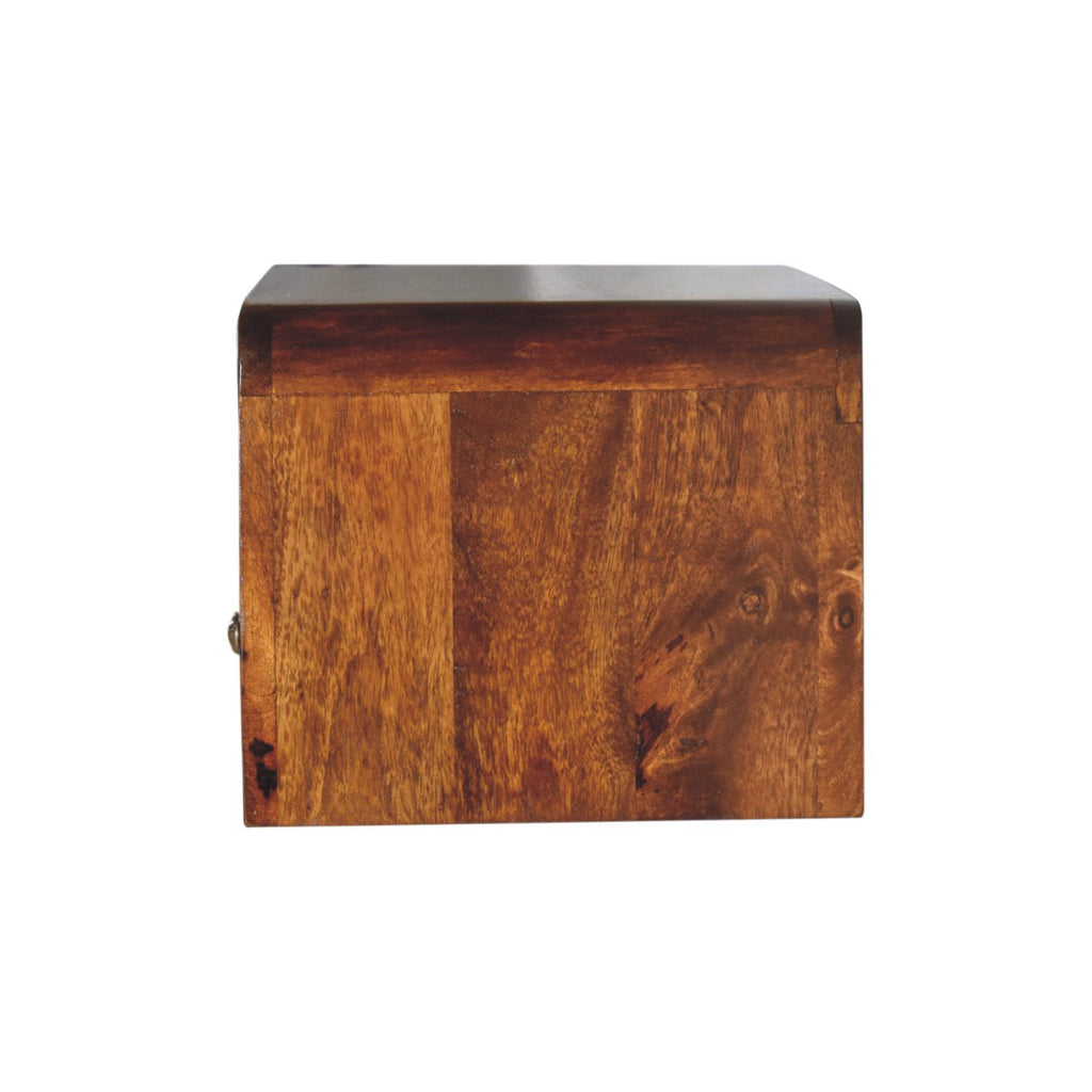Chunky Wall Mounted Curved Chestnut Bedside Unit made from solid mango wood with one drawer and open shelf. Side view