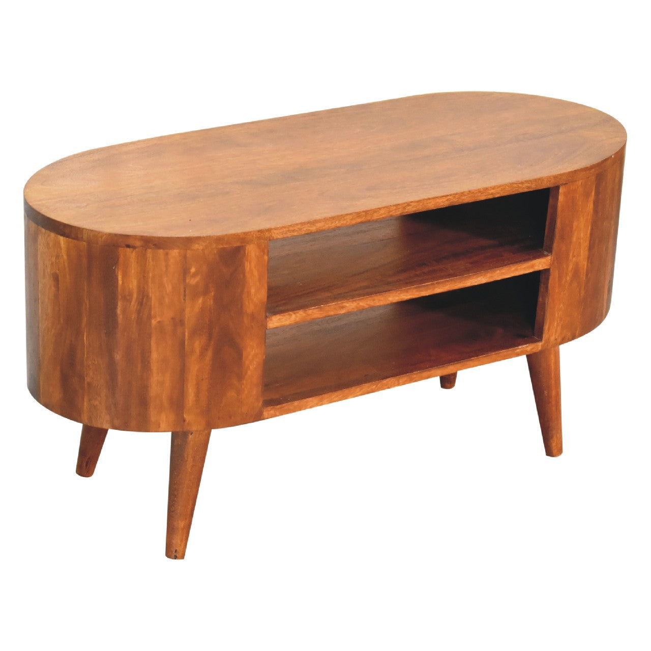 Cortez Chestnut Media Unit made from solid mango wood with two open shelves and chestnut finish. Top view