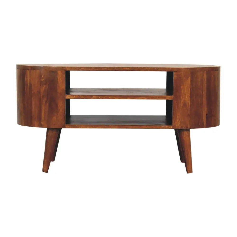Cortez Chestnut Media Unit made from solid mango wood with two open shelves and chestnut finish.
