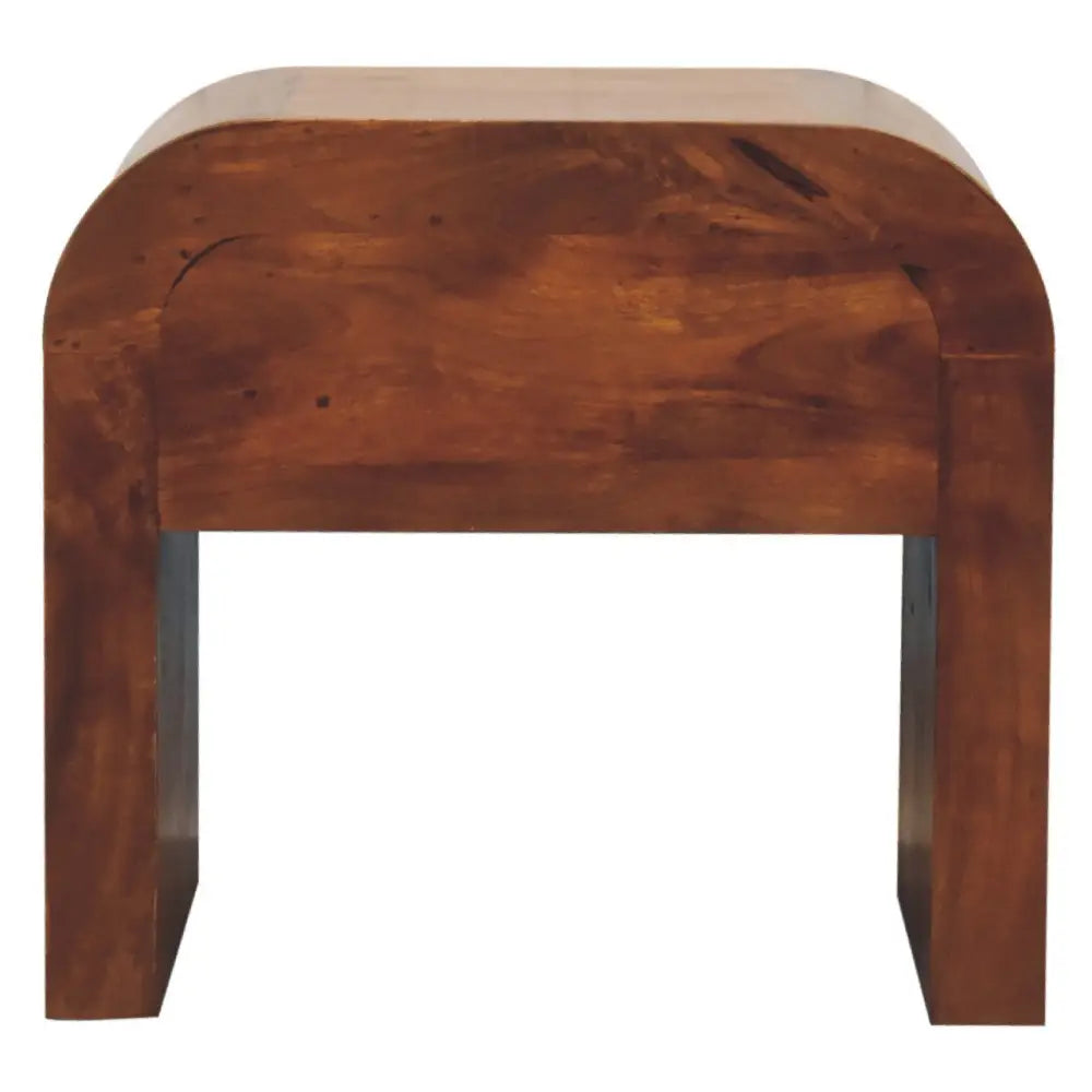 Darcy chestnut nightstand with curved edges and one drawer with brass knob. Back view