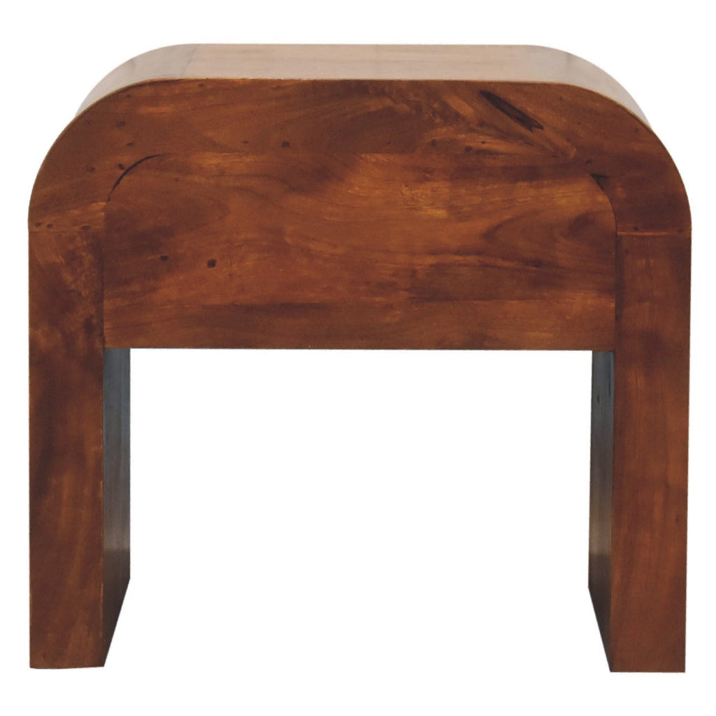 Darcy chestnut nightstand with curved edges and one drawer with brass knob. Back view