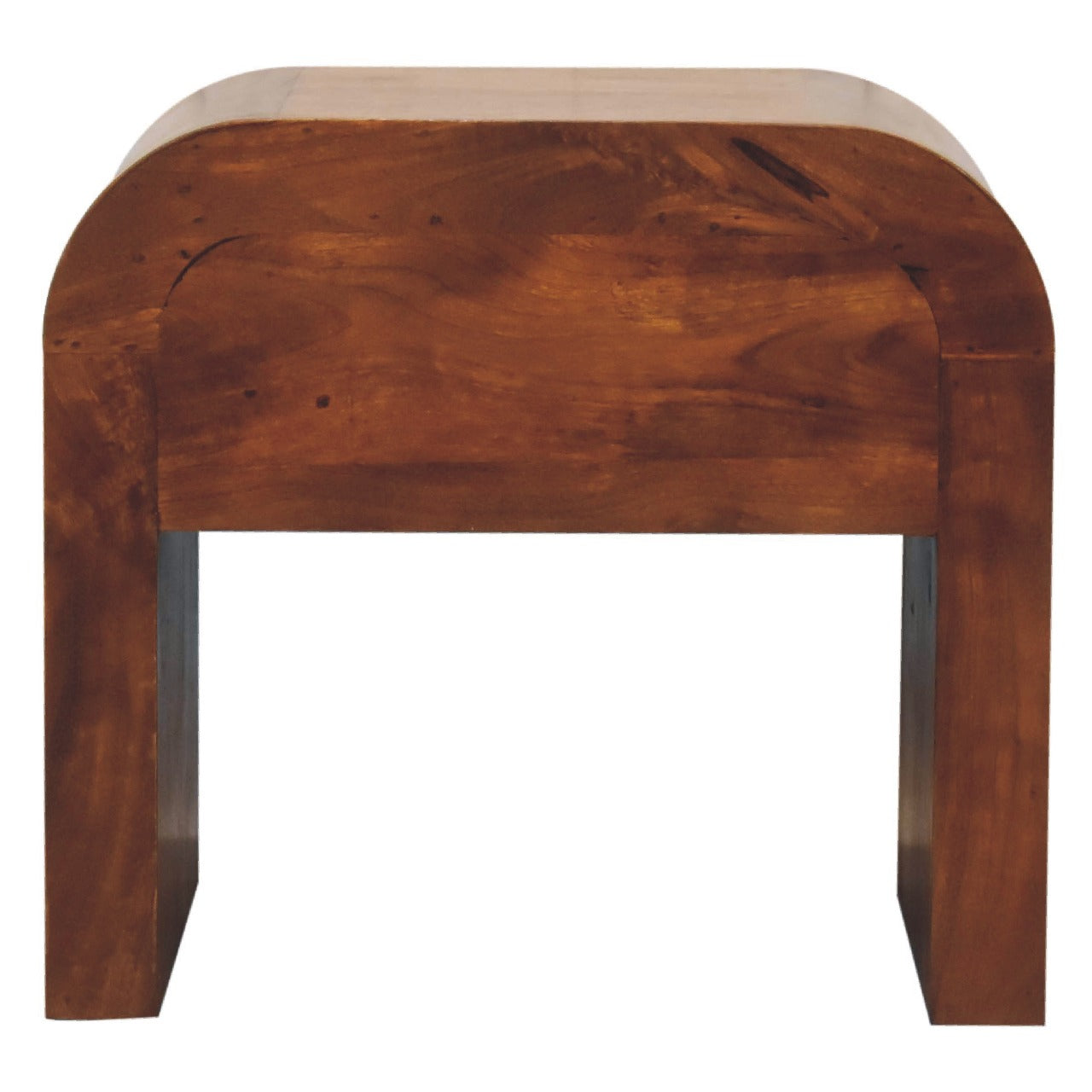 Darcy chestnut nightstand with curved edges and one drawer with brass knob. Back view