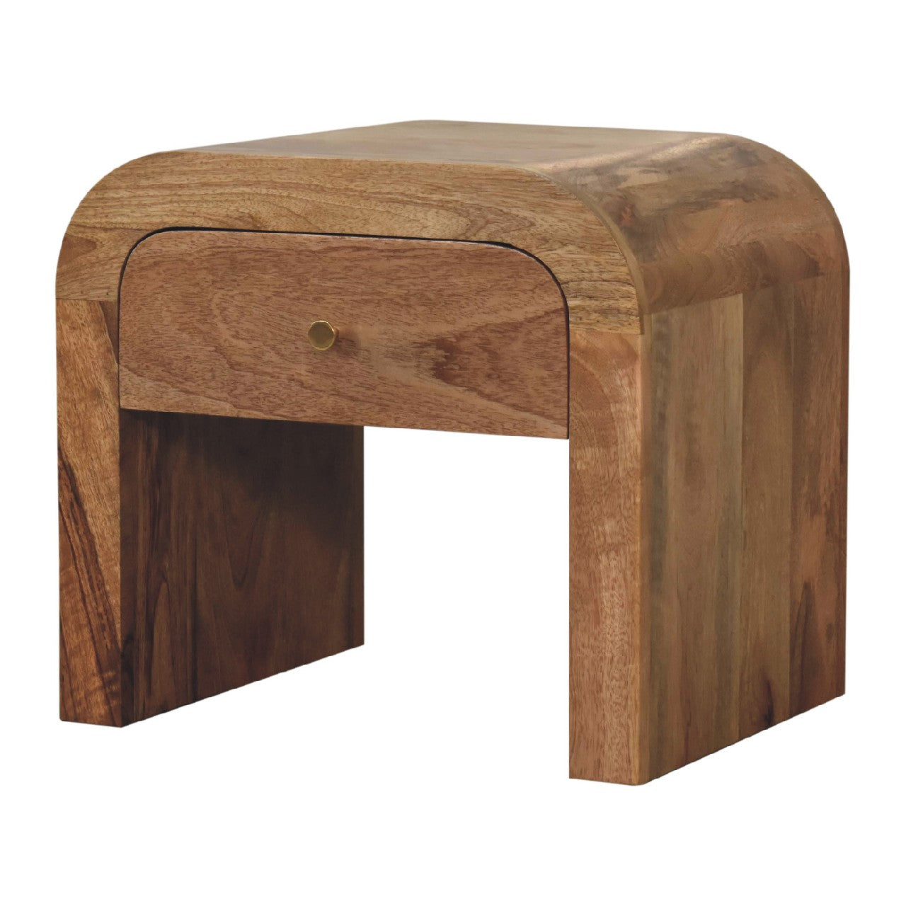 Darcy nightstand with one drawer, open shelf, brass knob, and solid mango wood frame in chestnut finish. Corner view