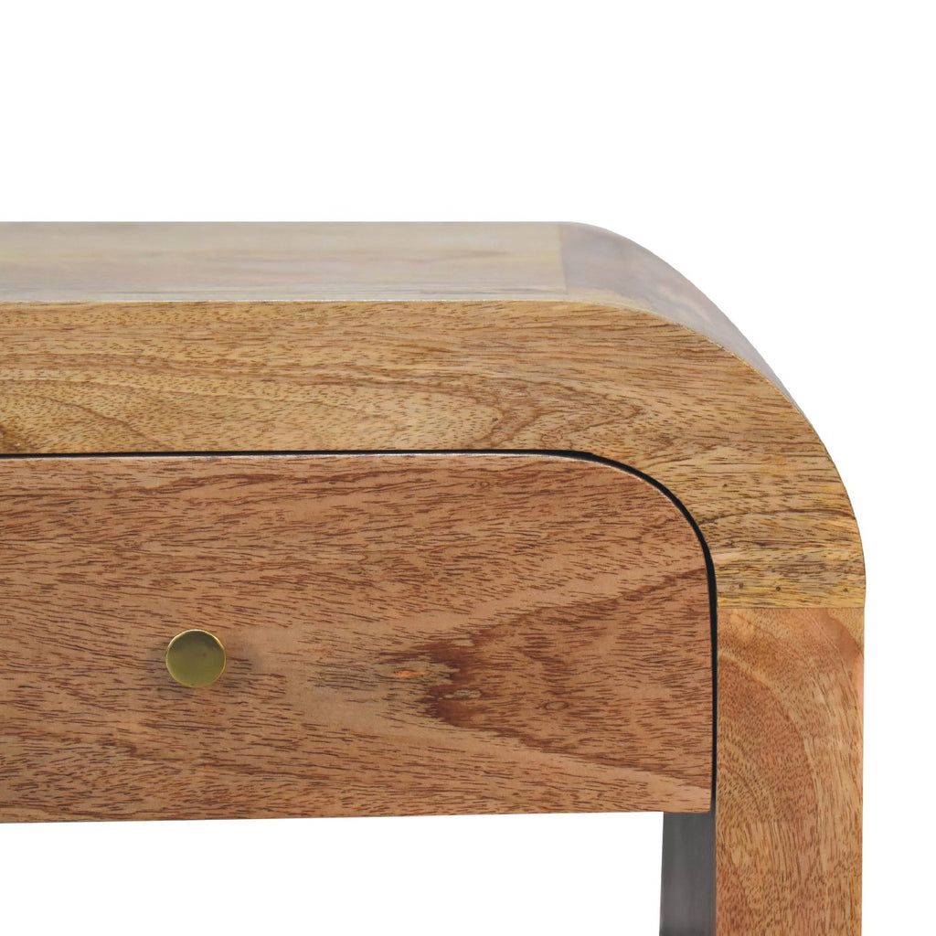 Darcy nightstand with one drawer, open shelf, brass knob, and solid mango wood frame in chestnut finish. Closer view of the knob and drawer