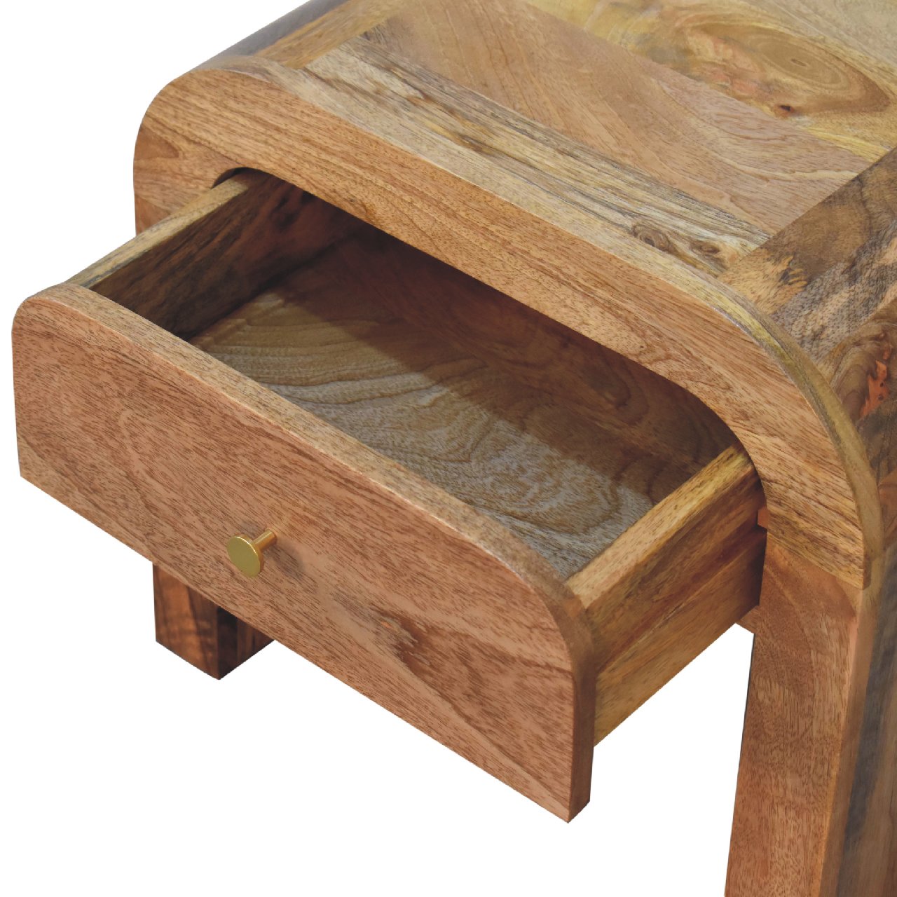 Darcy nightstand with one drawer, open shelf, brass knob, and solid mango wood frame in chestnut finish. Opened drawer view