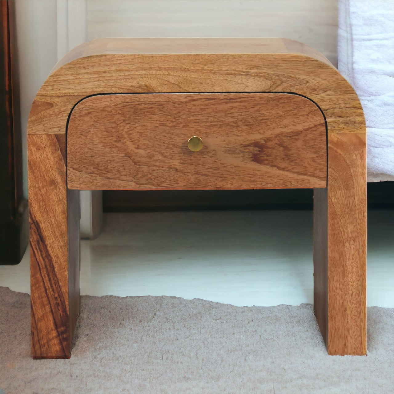 Darcy nightstand with one drawer, open shelf, brass knob, and solid mango wood frame in chestnut finish. full view