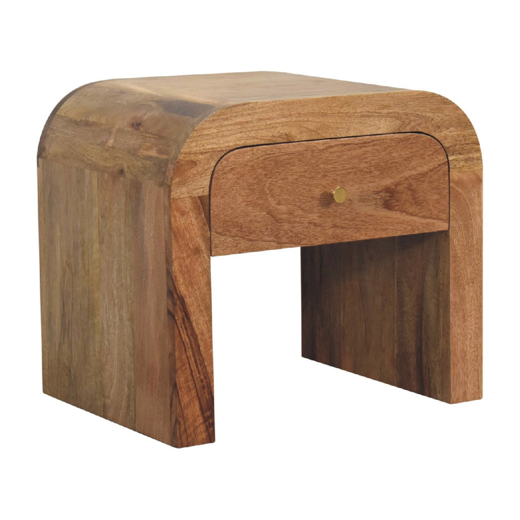 Darcy nightstand with one drawer, open shelf, brass knob, and solid mango wood frame in chestnut finish.