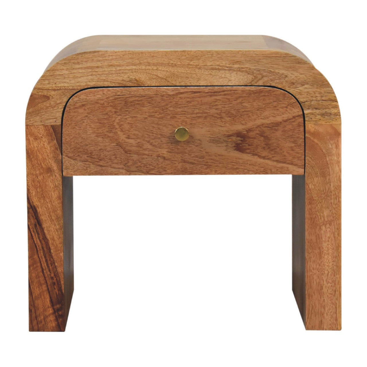 Darcy nightstand with one drawer, open shelf, brass knob, and solid mango wood frame in chestnut finish