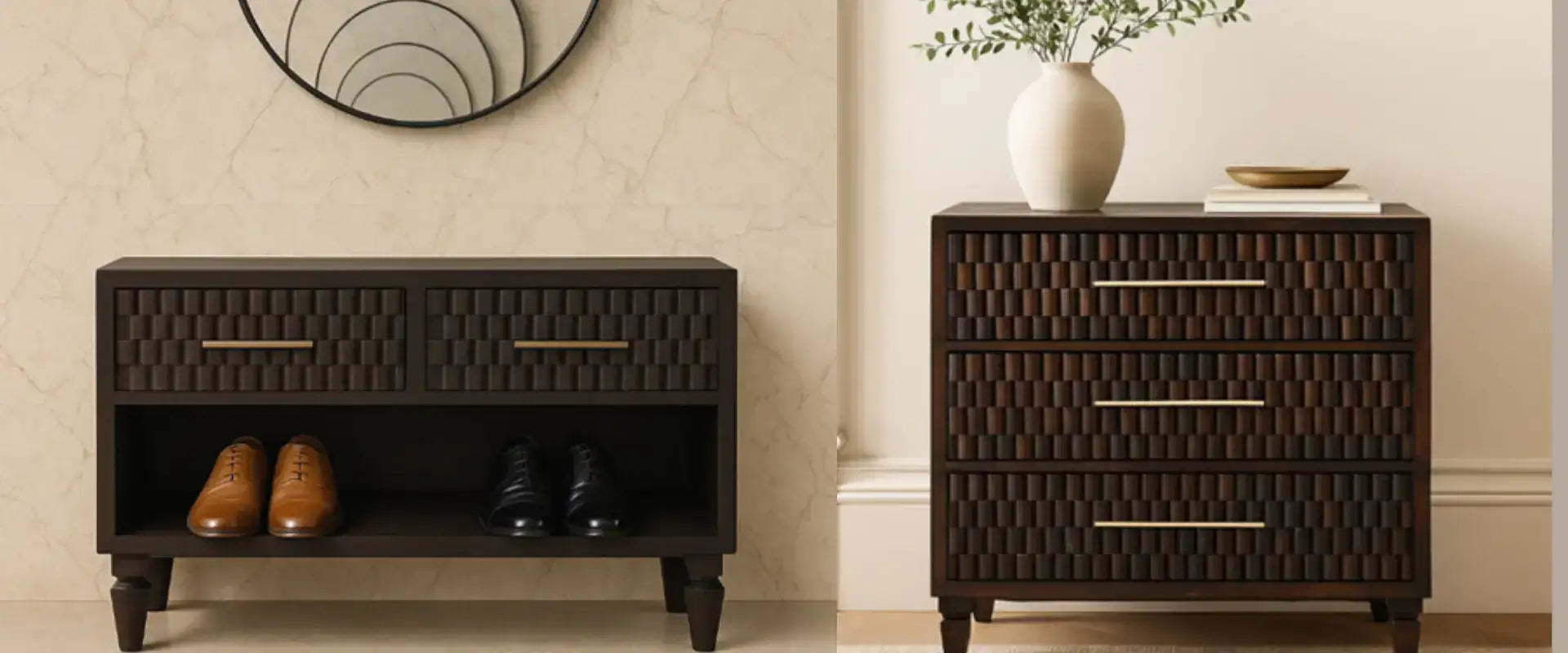 Two dark wooden nightstands with woven patterns in a room setting.