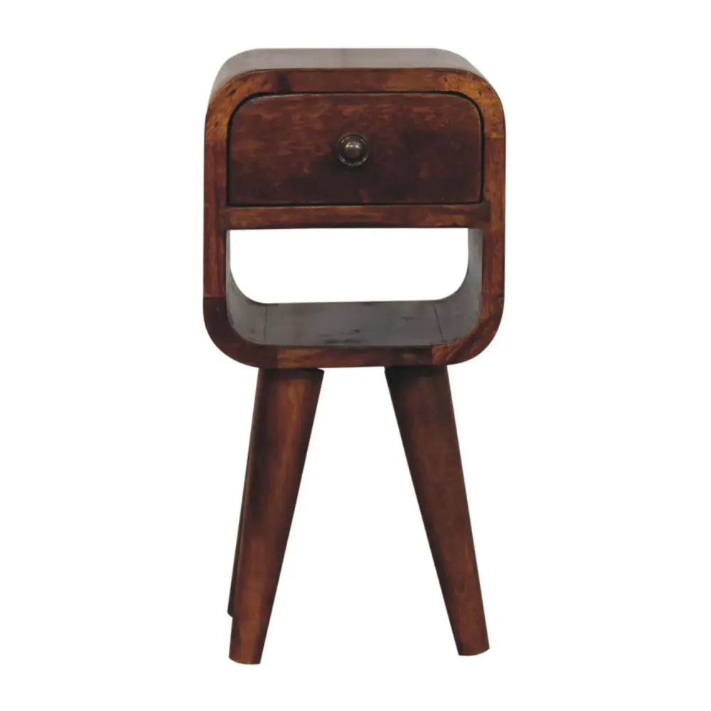 Extra Mini Chestnut Curve Lower Bedside made from solid mango wood with drawer, open storage slot, and curved edges