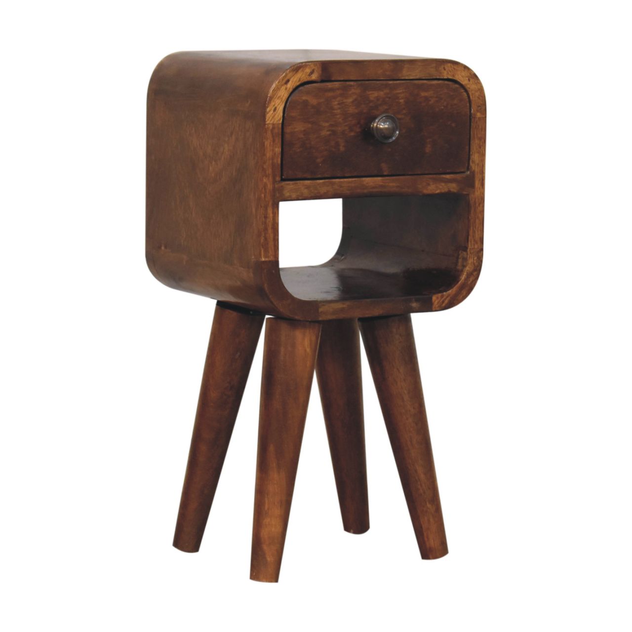 Extra Mini Chestnut Curve Lower Bedside made from solid mango wood with drawer, open storage slot, and curved edges. Corner view