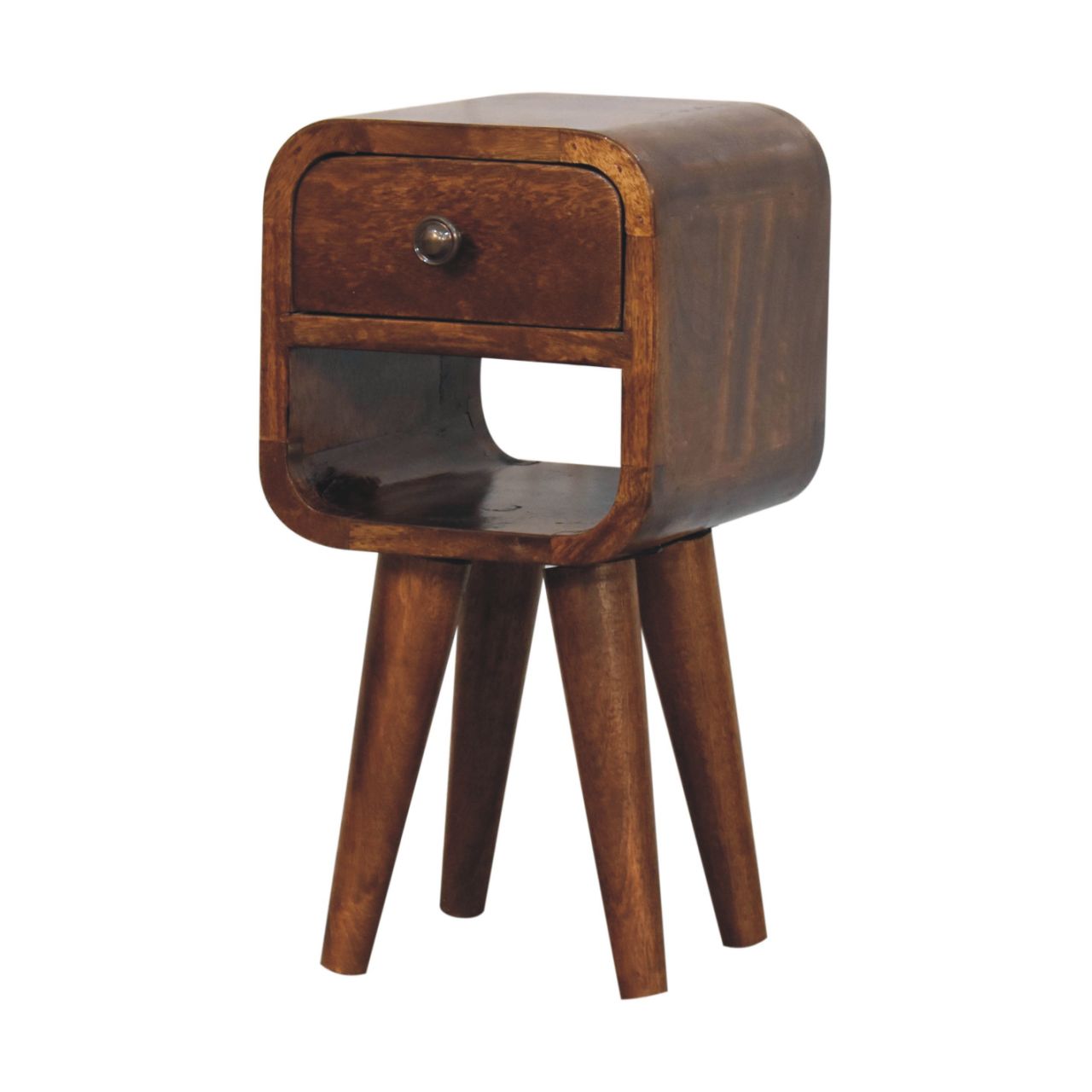 Extra Mini Chestnut Curve Lower Bedside made from solid mango wood with drawer, open storage slot, and curved edges. Detailed full