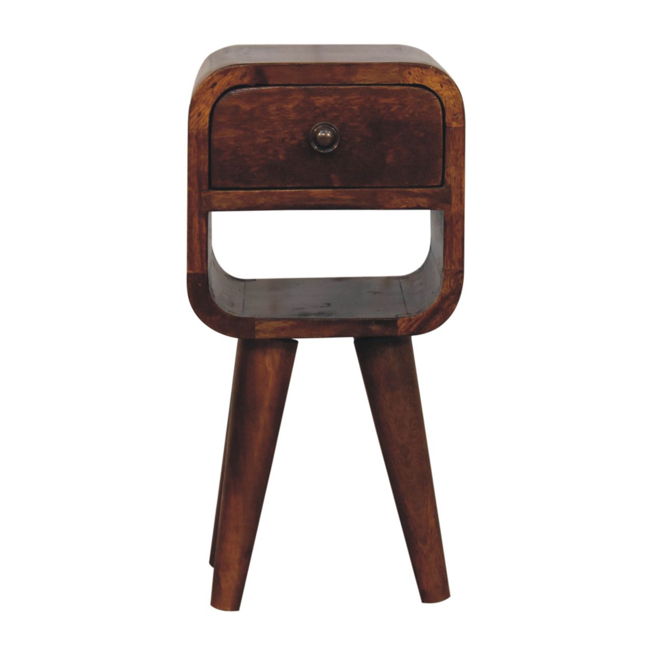 Extra Mini Chestnut Curve Lower Bedside made from solid mango wood with drawer, open storage slot, and curved edges