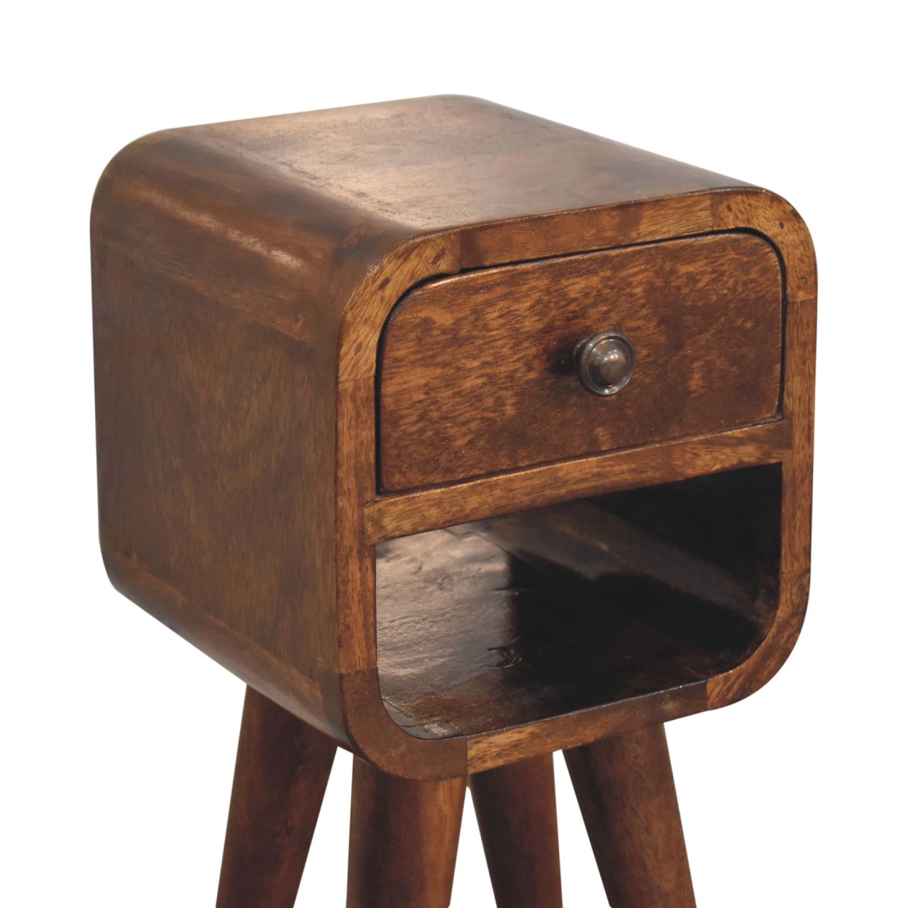 Extra Mini Chestnut Curve Lower Bedside made from solid mango wood with drawer, open storage slot, and curved edges