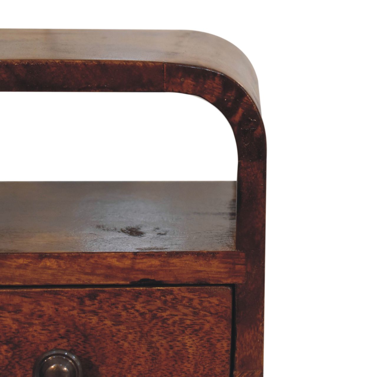 Mini bedside table in oak finish with curved edges, one drawer, open storage slot, and Nordic-style legs. Top open slot